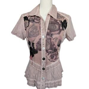 Vtg Crisca Art To Wear Feminine Abstract Floral Button Up Collared Blouse Sz 4